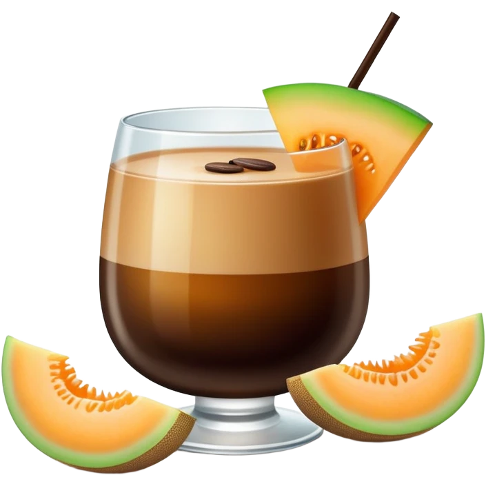 dark coffee carajillo drink in a glass with a slice of cantaloupe melon on the side emoji