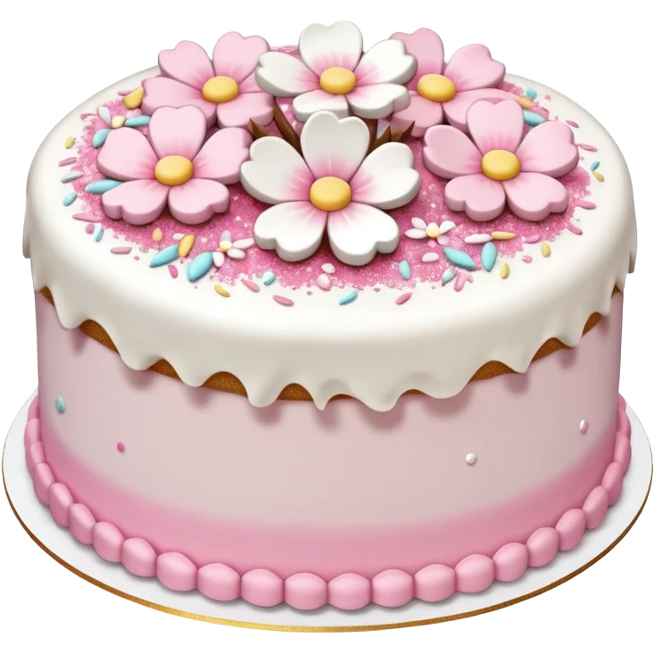 Pastel shiny glittery pastel pink and white Sakura flowers cake with sprinkles on top emoji