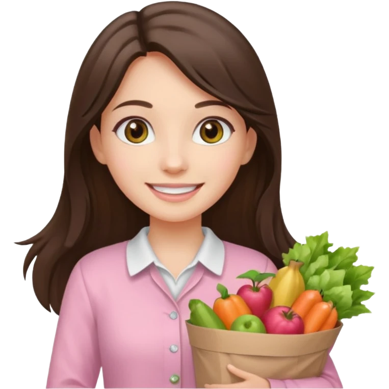 smiling long brunette hair girl hazel eyes wearing light pink clothes holding groceries emoji