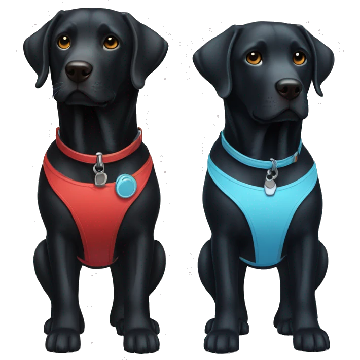 black-coloured labrador on the left with red collar, black-coloured labrador on the right with light blue collar. emoji