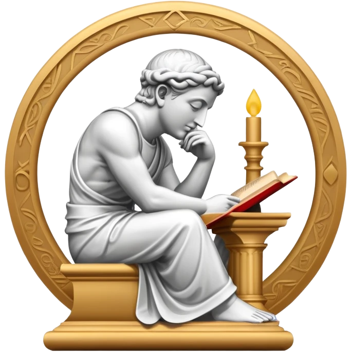 An icon featuring a Thinker statue, a scroll, symbolizing philosophy. The design includes books and abstract symbols representing deep thought and wisdom. Transparent background highlights the study of ideas, logic, and existential questions emoji