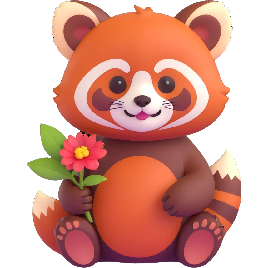 A red panda holding a small flower, soft and rounded look emoji