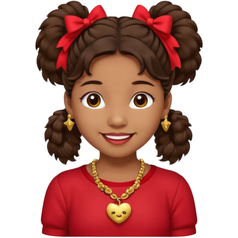 Brownskin girl dark brown hair fluffy. pigtails with red bows brown eyes smiling closed mouth red shirt gold esrrings gold necklace emoji