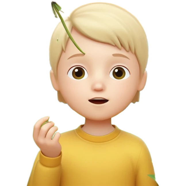 A 3D cartoon child blowing on a dandelion, seeds flying in the air, sunny garden background, realistic Memoji-style. emoji