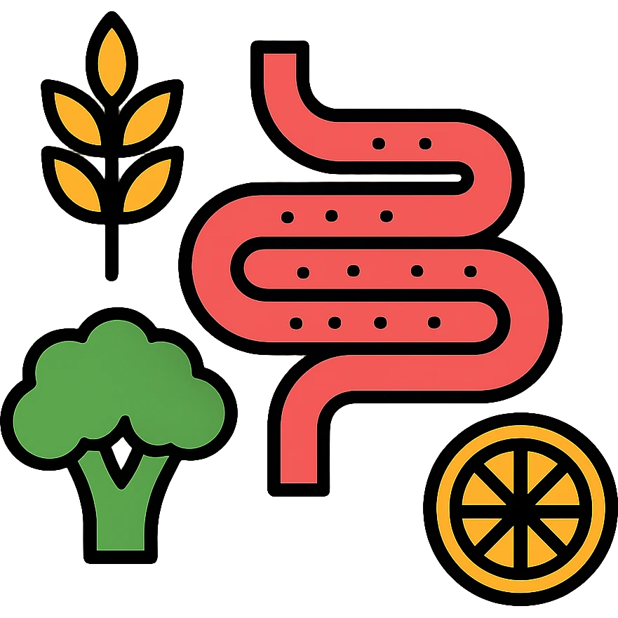 Dietary fiber icon with a stylized intestine and various fiber sources like grains, vegetables and fruits arranged around it, showing fiber's journey through the digestive system emoji