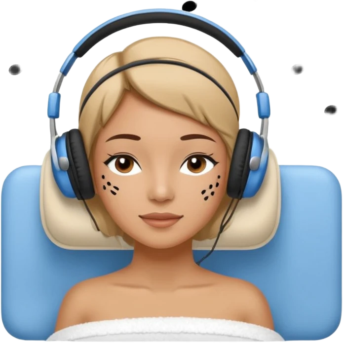A stylized young woman lying on a massage table, relaxed, wearing headphones, small musical notes around the head. Flat vector style, thick black outline, simple palette (warm beige-brown tones + accent blue), clean background, high legibility at small size. 72x72, square, vector. emoji