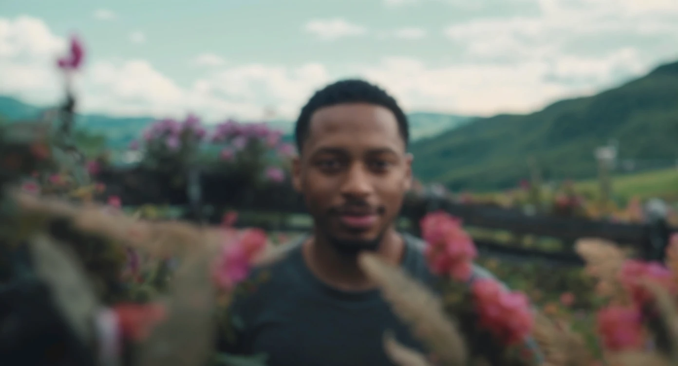 A portrait of a person in the foreground, blurred plants in the foreground, a wooden fence and colorfull flowers in the midground, rolling hills in the background, cinematic depth of field, layered composition, natural lighting emoji