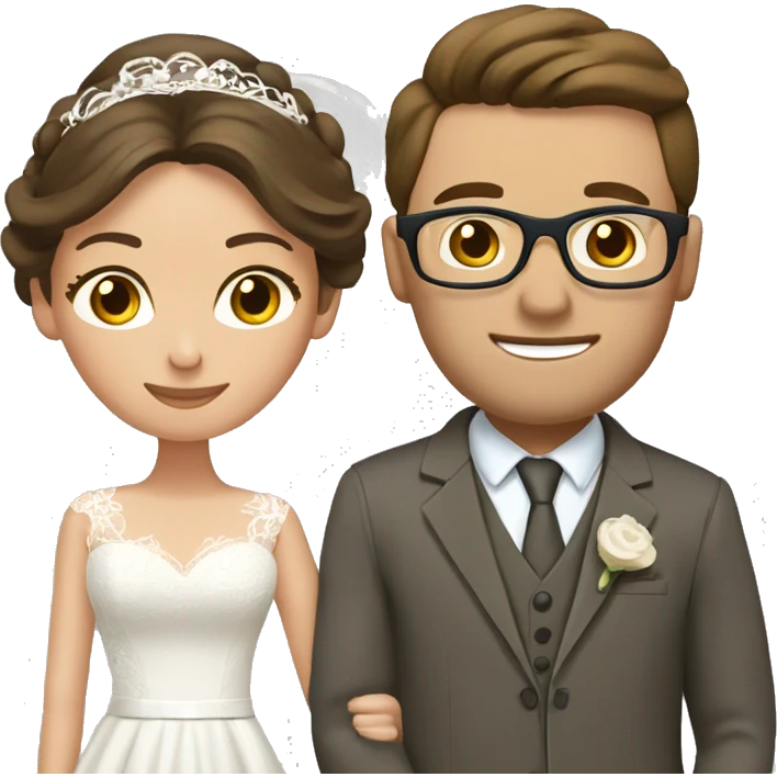 Wedding couple. Bride has brown hair pinned up. She wears lace dress. She has blue eyes. Groom has olive green suit and brown vest. He has brown hair. He wears glasses. He has brown eyes. emoji