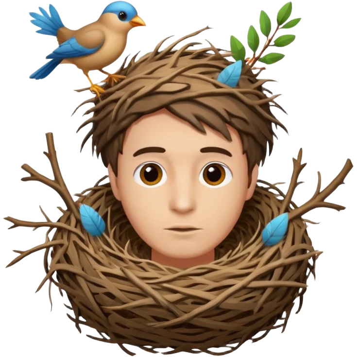 Man who has a birds nest on top of his head for hair emoji