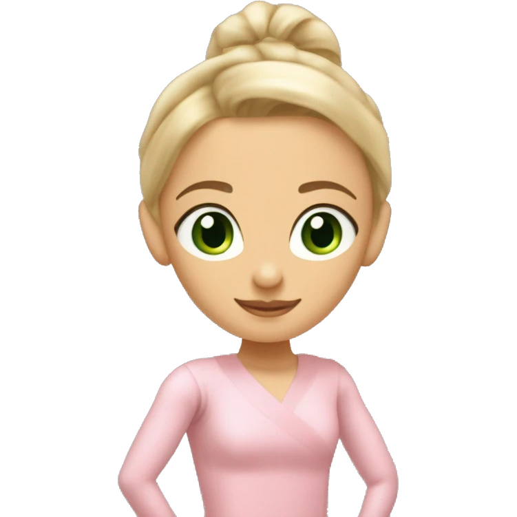 Blonde green eyed girl in a pink Pilates outfit with a beige ballet wrap Cardigain around. Medium tanned. And hair in a ponytail emoji
