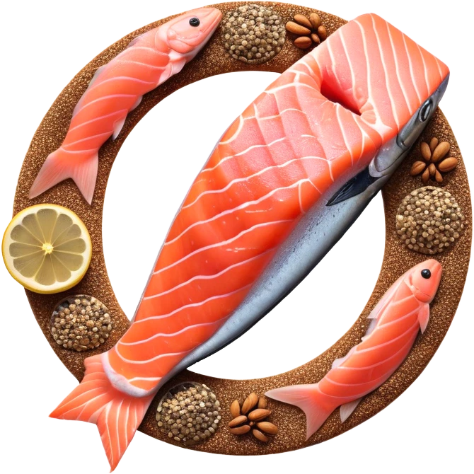 Floating arrangement of omega-3 rich foods: fresh salmon fillets, walnuts, flaxseeds, chia seeds and golden omega-3 capsules, all emitting a soft golden glow. The foods orbit around a central shimmering omega symbol, with gentle flowing energy connecting them. emoji