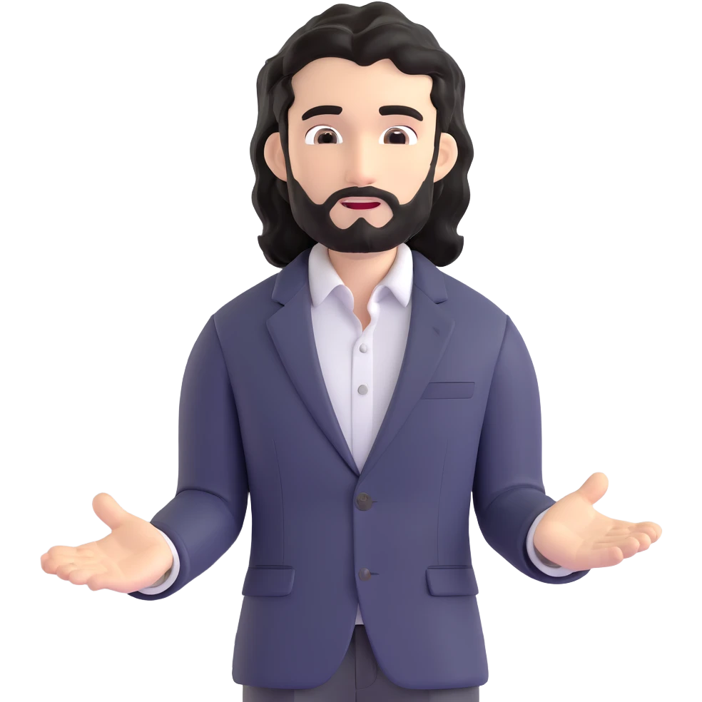 Business strategist man with black wavy hair, stubble, chiseled face, wearing blazer and button-up shirt, standing in front of whiteboard teaching, confident engaging expression emoji