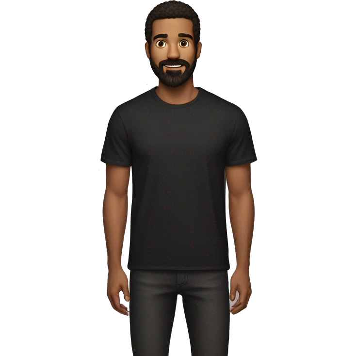 young man with medium size dark brown hair to front, iphone in hands, black oversized t shirt, the zappa beard emoji