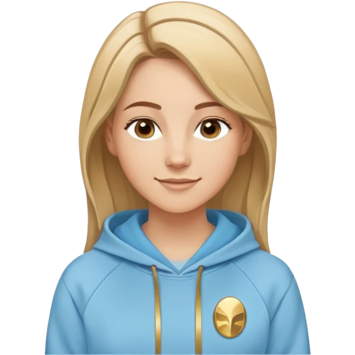 Caucasian female with oval face, straight brown-blonde mixed hair (more brown) with side part, serene smile, light blue sporty hoodie with gold and white fantasy details emoji