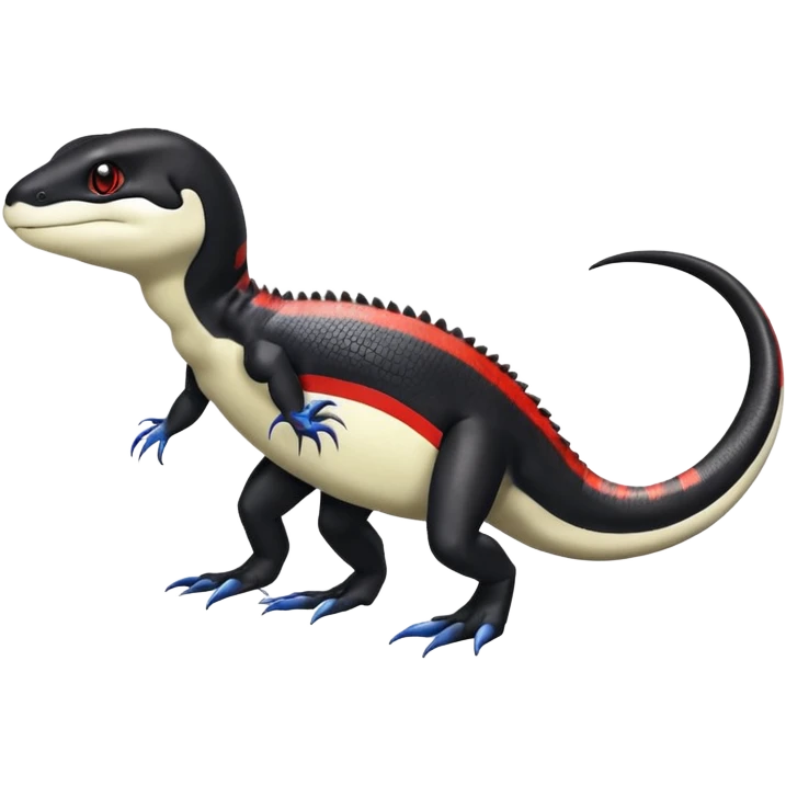Black and white Orca-hybrid-reptile-reptilian-lizard-skink-gecko-Digimon-Fakémon-Pokémon-fusion-hybrid full body, two legs, two arms, claws, anthropomorphic, with red stripe emoji