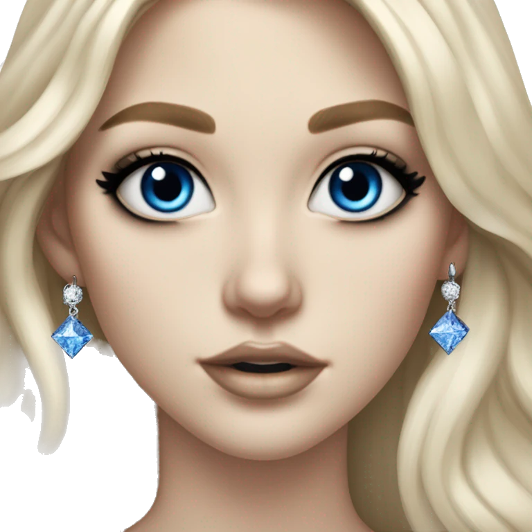 Hyperrealistic pale white girl with blue eyes and long black hair. Wearing gold chain necklace, white diamond stud earrings and has dark eye makeup on her eyes emoji