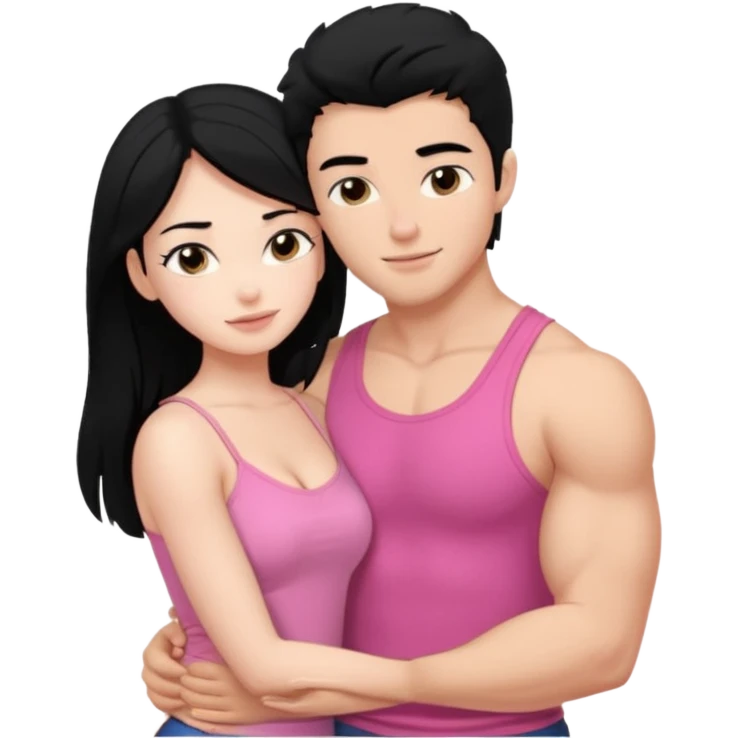 a pretty bratz fair girl. black hair, wearing a pink cami top hugging a handsome fair guy with black hair. lean but muscular emoji
