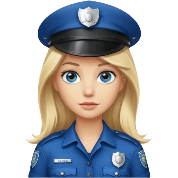 A blonde long hair woman wearing a dark police hat with a silver badge, looking straight ahead with a calm expression. emoji