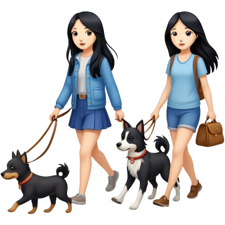 A girl with long black hair walking with three dogs emoji