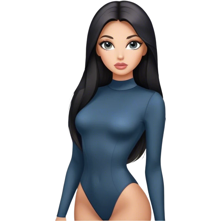 Glamours, tanned, very beautiful girl, with big pump peach-beige-rose lips, long long lashes, black straight smooth silky long hair, straight parting hair, blue-grey eyes in black long-sleeves bodysuit emoji