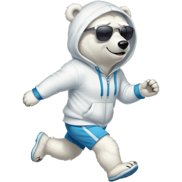 friendly anthropomorphised polar bear jogging upright wearing a hoodie and shorts, dark sunglasses emoji