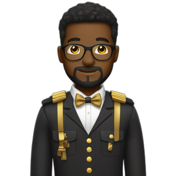 black soldier with beard, part in hair, white collared shirt, bow tie, gold glasses, bulletproof vest  emoji