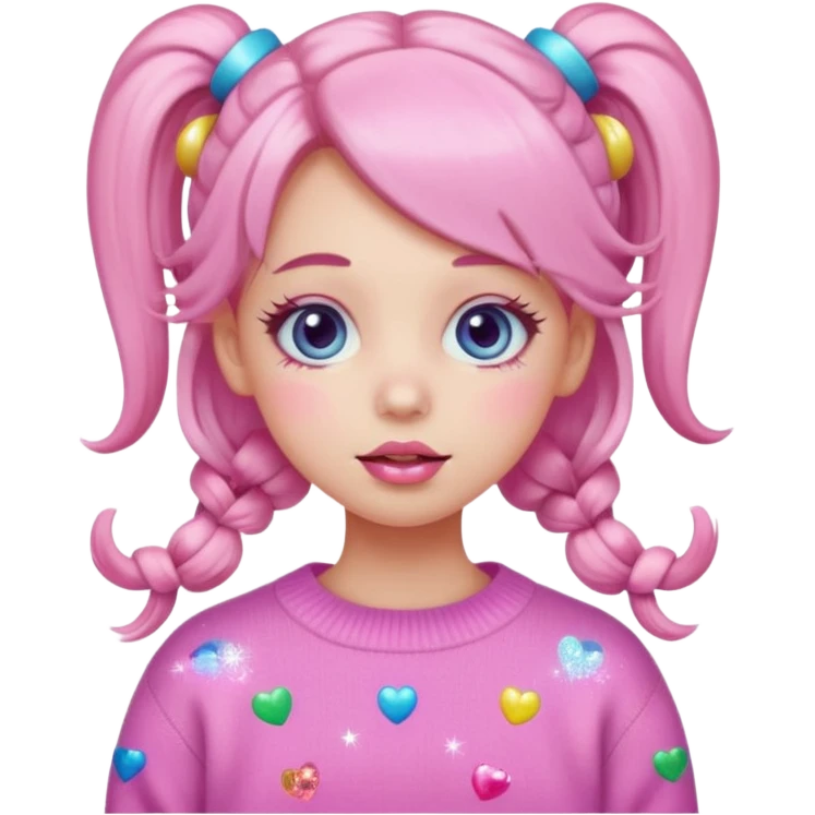 “Emoji girl, pastel pink blush, sparkly wide eyes, glossy bubblegum lips, hair in pigtails with colorful clips, oversized pastel sweater.” emoji