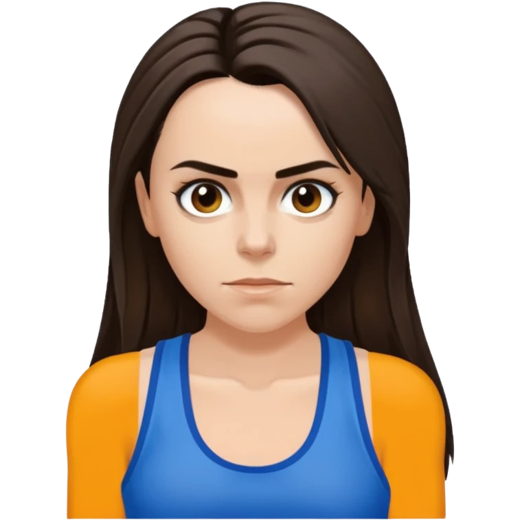 Melanie C with hazel eyes, dark brown long ponytail hair, blue tank top emoji