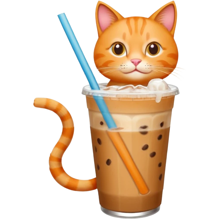 Gato naranja tomando café frio con un popote tomando el popote con sus patitas emoji