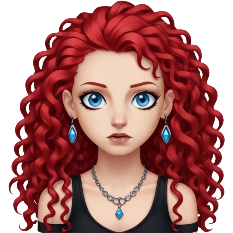 a punk girl with long curly red hair and blue eyes, in a black dress, with piercings emoji