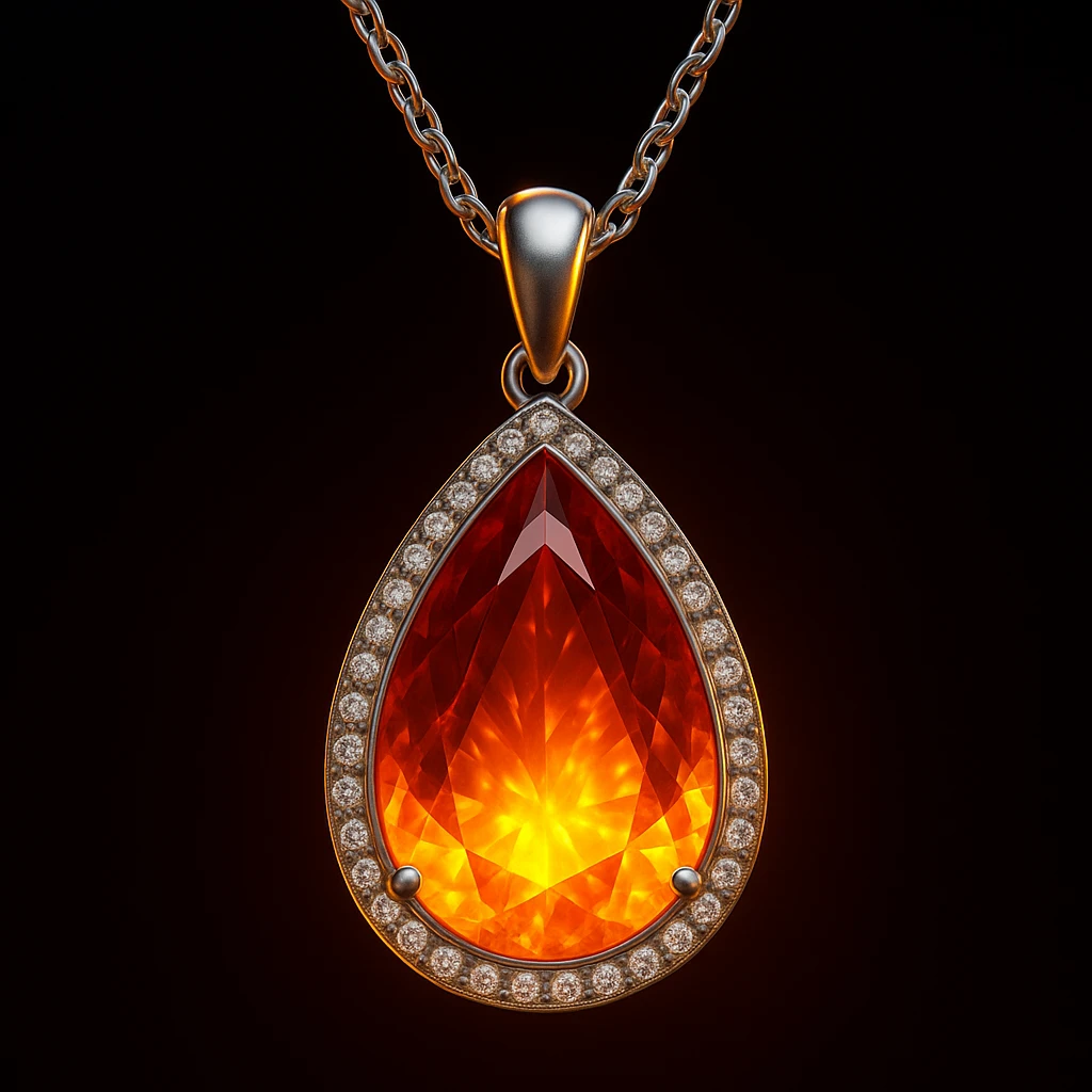 Add a yellow fiery light to the teardrop ruby pendant, representing transformation and rebirth emoji