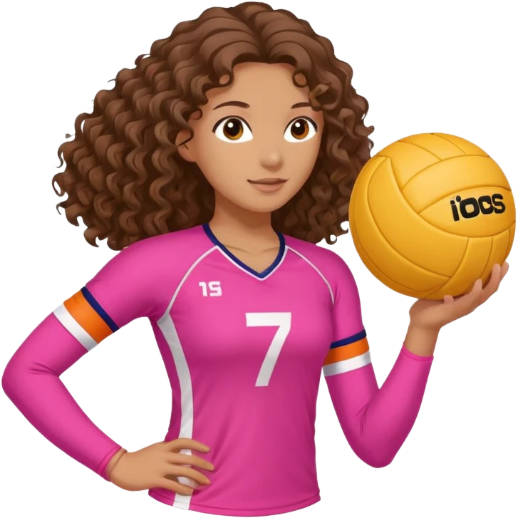 a volleyball player in profile playing (white, brunette with long curly hair) (with a pink outfit with the number 7) and a ball with white and orange stripes emoji
