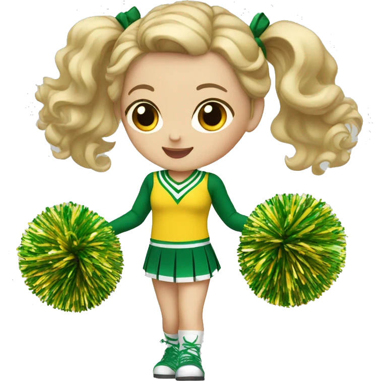 White girl Cheerleader cheering with green and yellow uniform and poms emoji