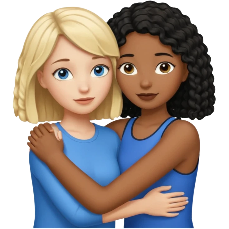 Girl best friends: one taller white girl with straight blond bob and blue eyes, one shorter black girl with long black curly hair, hugging emoji