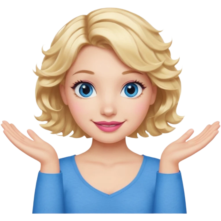 Girl Blonde short wavy hair,  blue eyes, cute blue top, long lashes, pink lips, smiling, making an x with arms  emoji