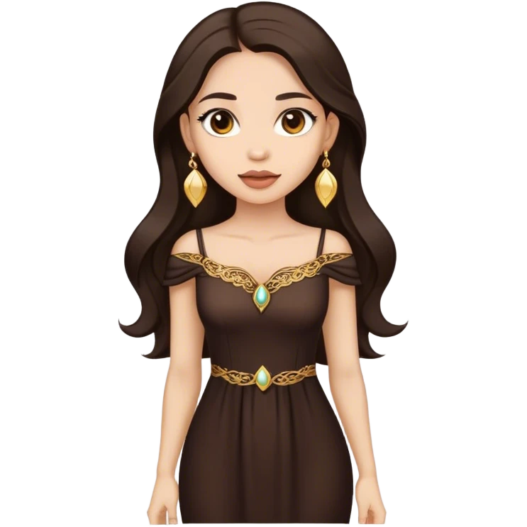 Beautiful woman,cute, long dark brown hair in dark dress with gold earrings emoji