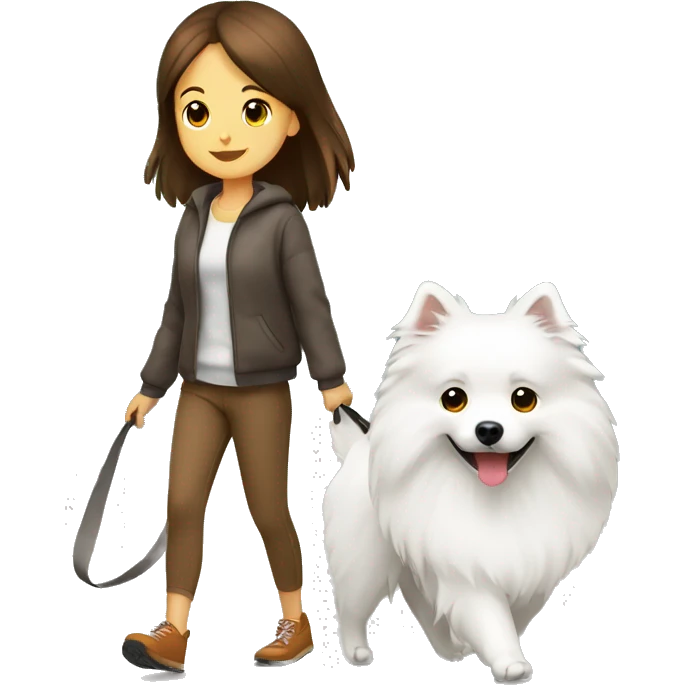 Japanese spitz dog walk with brown hair girl emoji