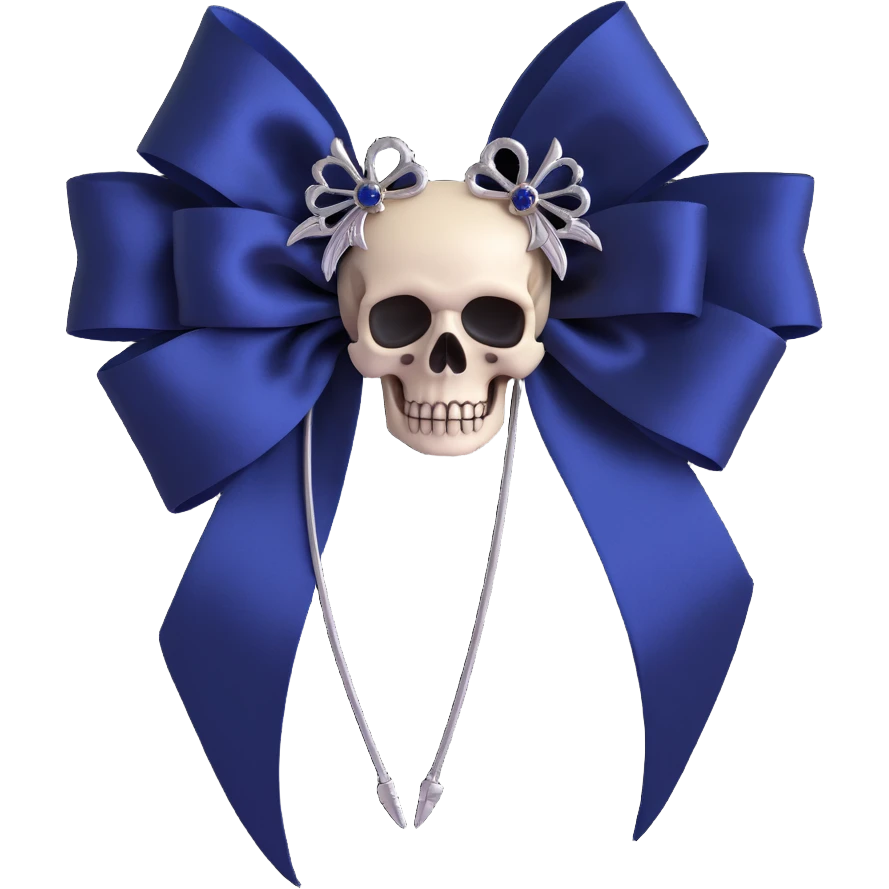 gothic bow, midnight blue silk, silver skull brooch, black feather accents, mysterious and lush emoji