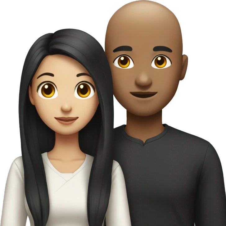 Bald black boy and Asian girl with long black hair  emoji