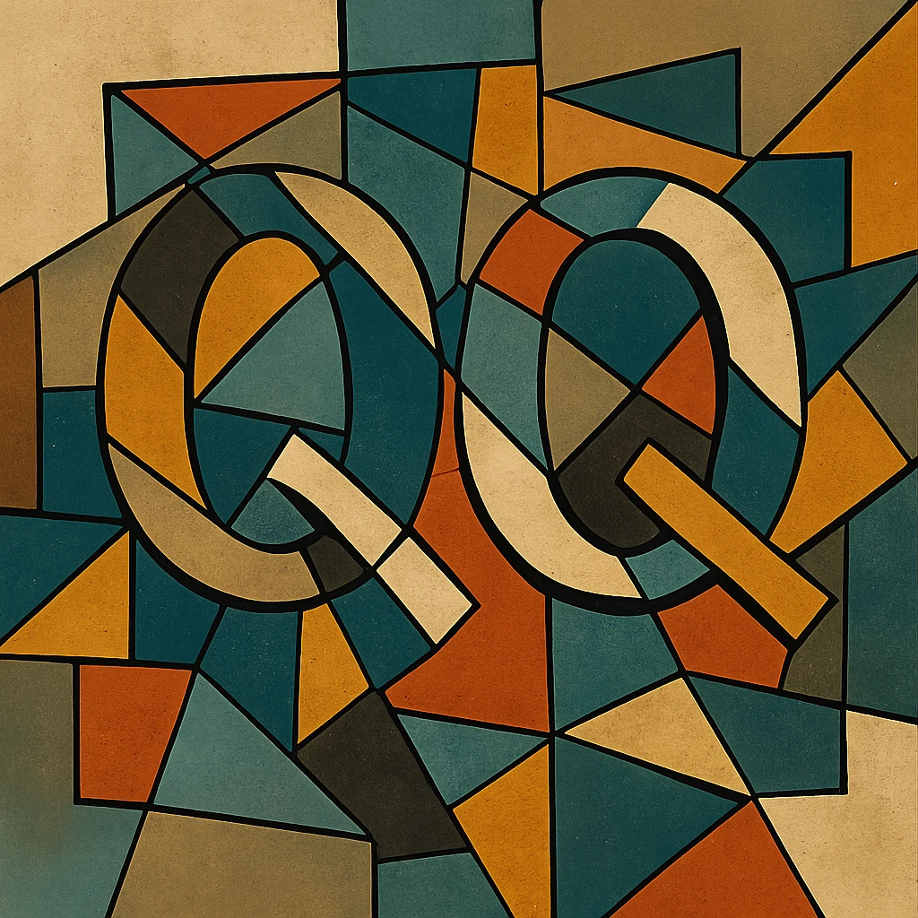 cubist abstraction icon featuring the text 'QQ', fragmented and colorful emoji