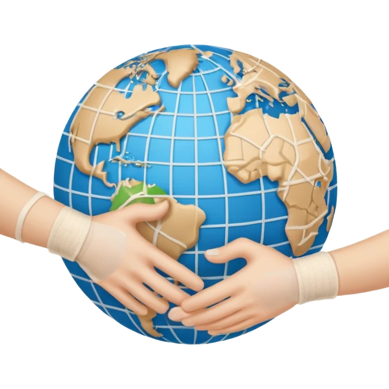Generate an emoji of two hands shaking in front of a globe. Have the global have a bandage wrapped around it. emoji