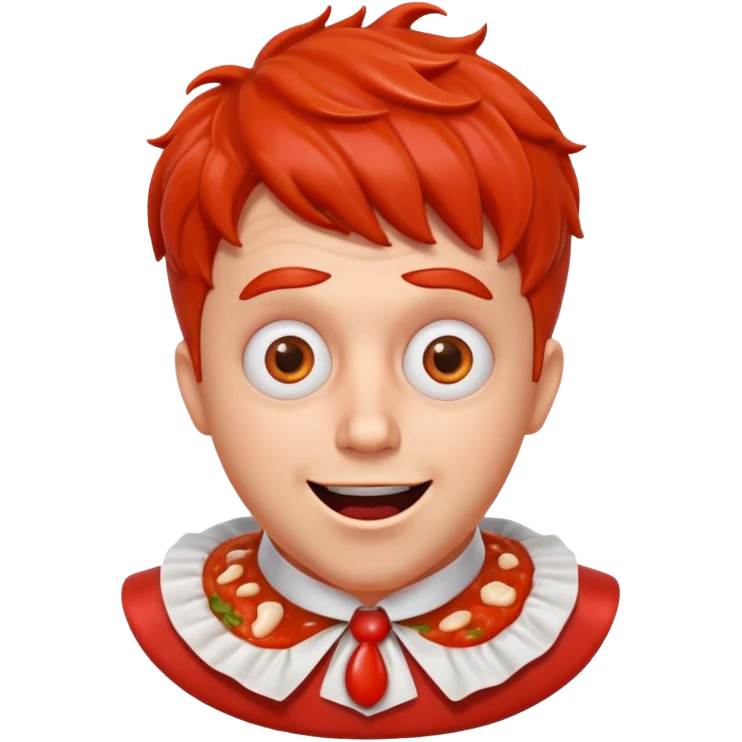 funny theater actor portrait, head and shoulders only, covered in tomato sauce, shocked wide eyes, awkward smile, stage costume collar, 3D cartoon, mobile game icon style, clean background, no text, no watermark
 emoji