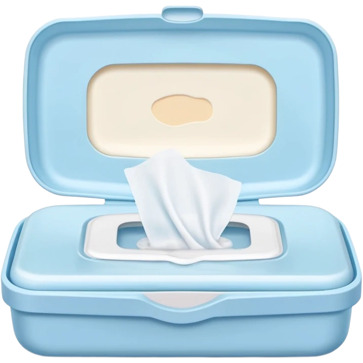 soft rectangular pack of baby wipes, slightly puffed, semi-open plastic lid on top, a single white wipe slightly pulled out, pastel-colored light blue pink or green, no branding or extra design, soft lighting, subtle shadows, emoji scale emoji