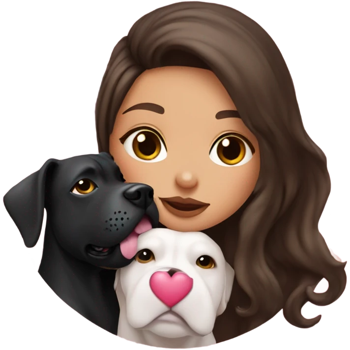 Brunette kissing big black pitbull dog, pink hearts emoji