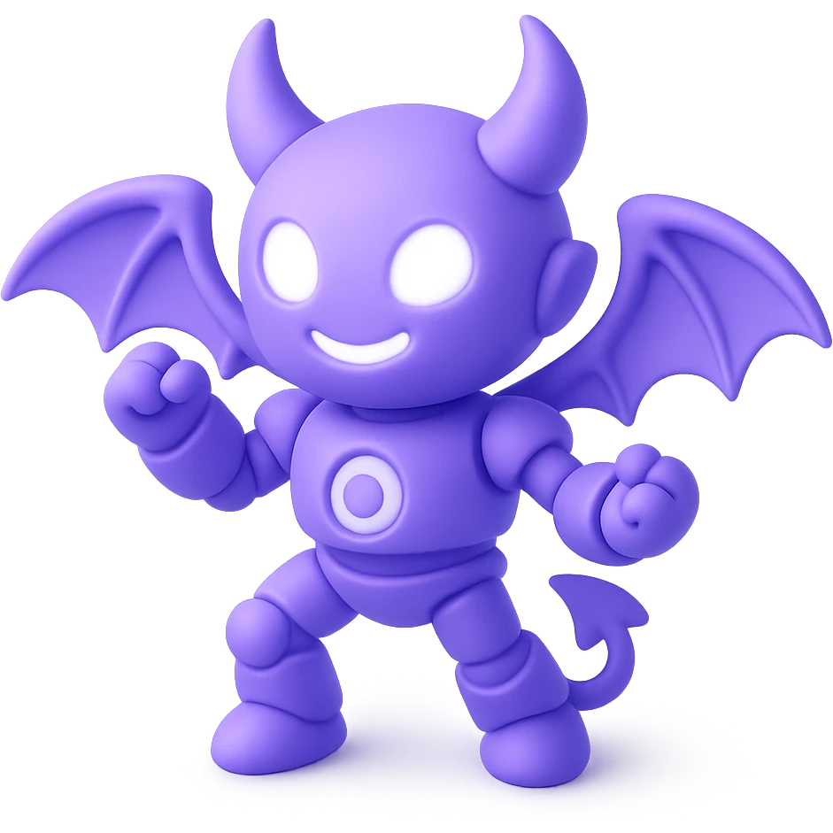 purple demon bot, robotic body with demon wings, glowing eyes, playful pose emoji
