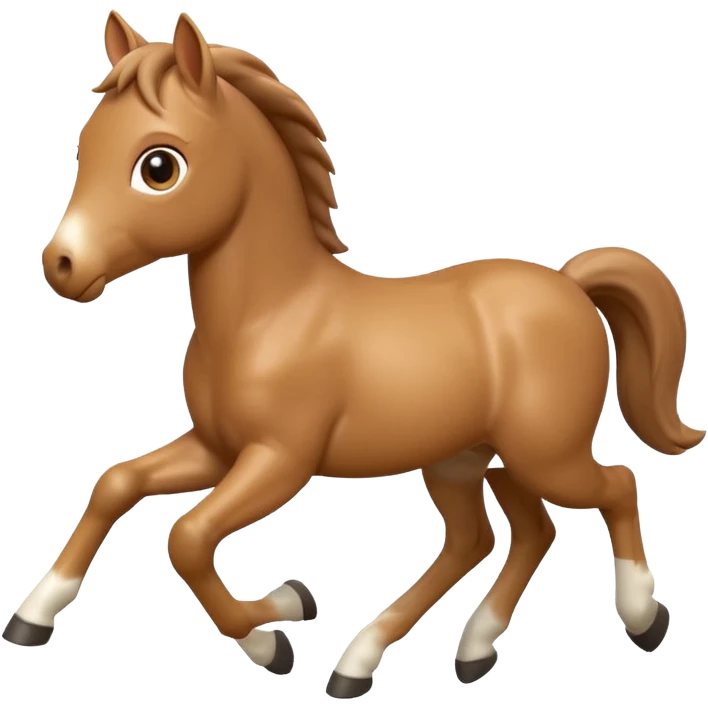 3D Apple-style emoji of a running foal. Small young horse with light brown body, short mane, big eyes, rounded and glossy, smooth shading, white background.

 emoji