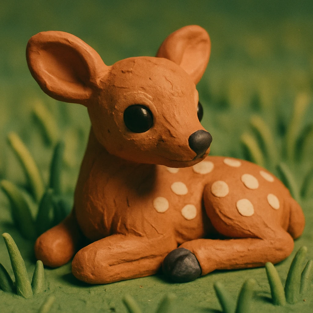 fawn with spots, lying in grass, soft lighting, cute and detailed fur, claymation style emoji
