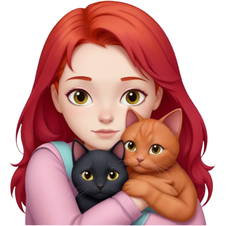 
a girl with red hair in pastel clothes hugs a black British cat emoji