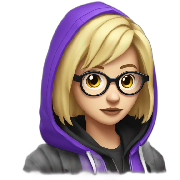 Girl blond artist with round glasses left side behind his laptop with this style: valorant riot Game purple character purple black hooded hacker themed character emoji