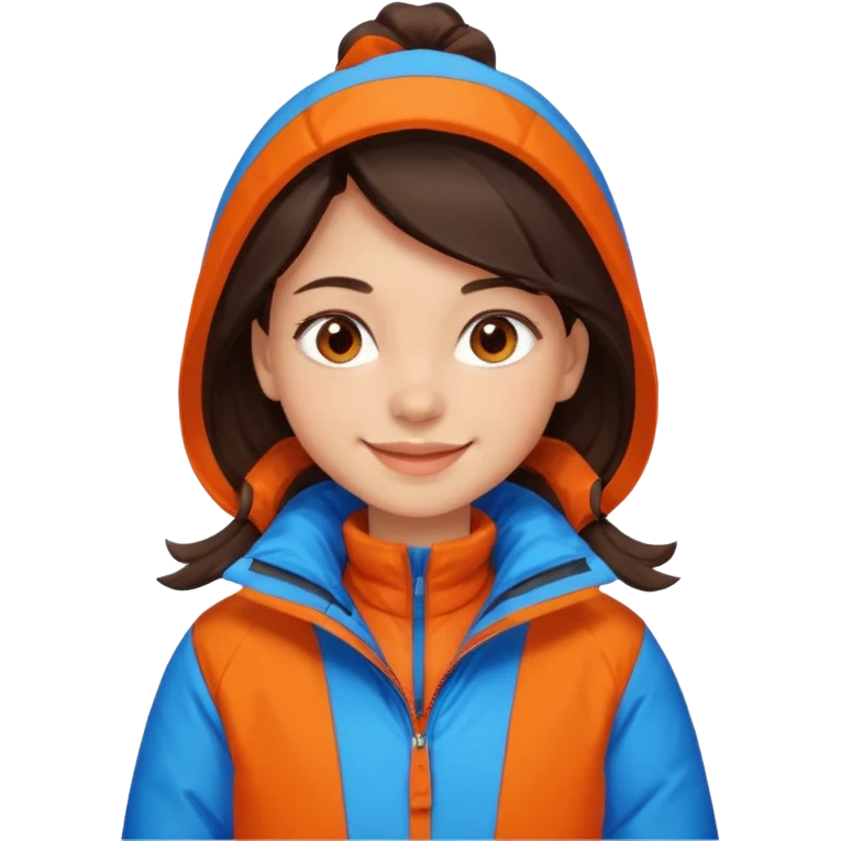 A girl with dark brown hair smiling light skin and brown eyes, that she is wearing an orange and blue snow jacket, that the jacket is not hairy emoji